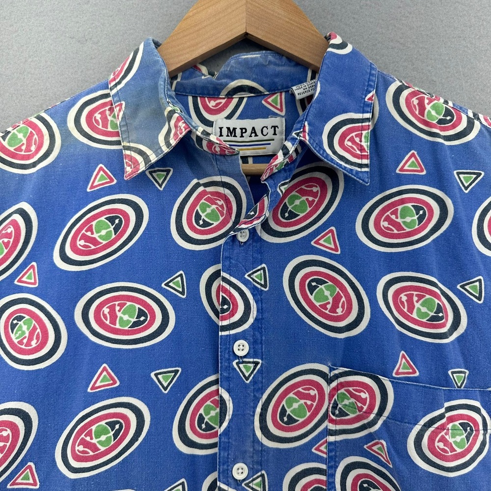 90s Impact Geometric Button Up Shirt Blue Mens Large‎ VTG EclecticGrandpa AOP